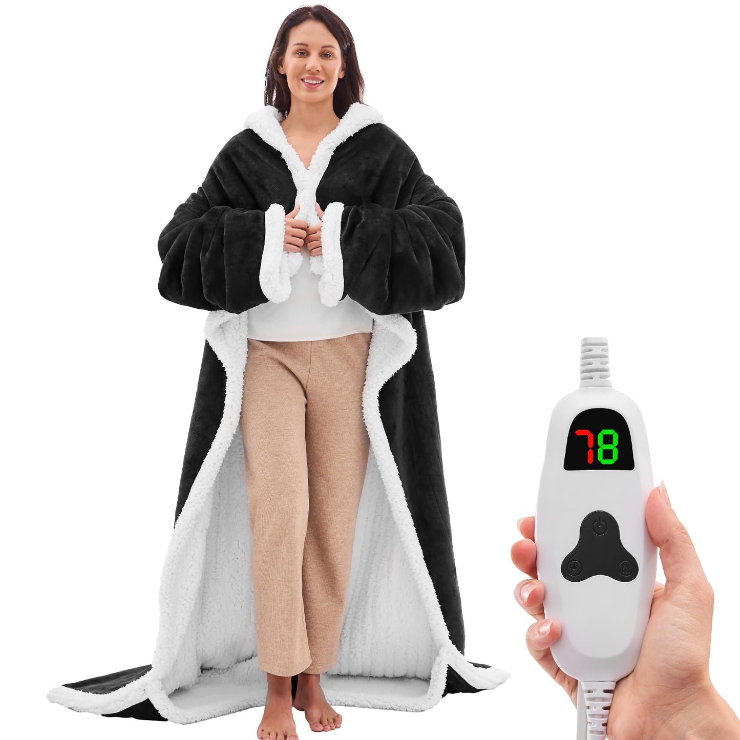 Wearable Heated Blanket Electric Snuggle - Heated Blanket with Foot Pocket and Sleeves for Adult, Winter Christmas Gifts for Mom Women 5-Position Timer 10-Heating Levels,50 * 70",Grey