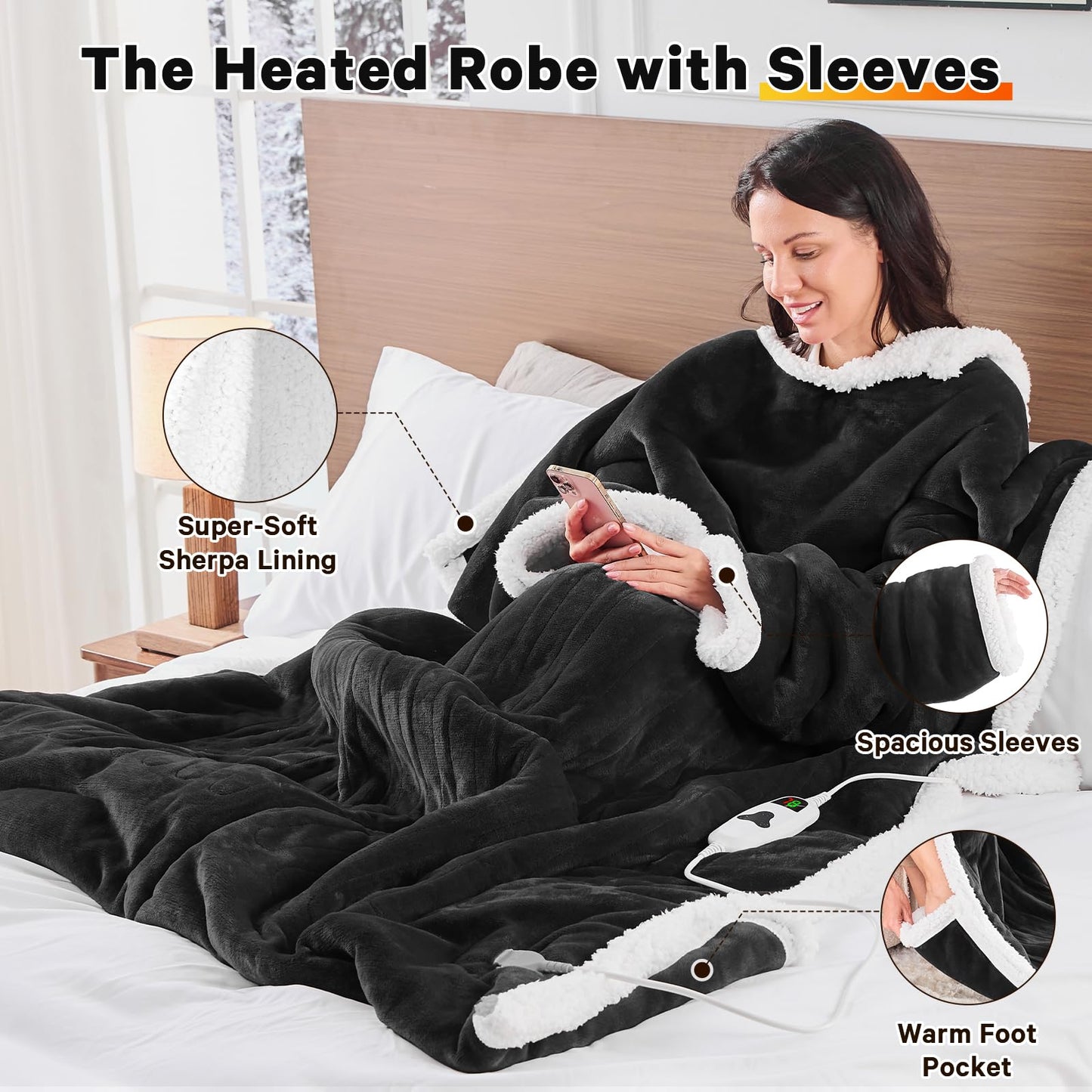 Wearable Heated Blanket Electric Snuggle - Heated Blanket with Foot Pocket and Sleeves for Adult, Winter Christmas Gifts for Mom Women 5-Position Timer 10-Heating Levels,50 * 70",Grey