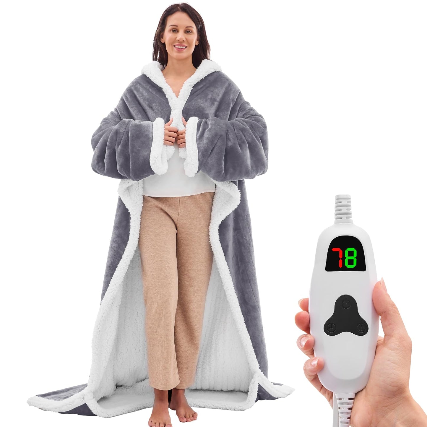 Wearable Heated Blanket Electric Snuggle - Heated Blanket with Foot Pocket and Sleeves for Adult, Winter Christmas Gifts for Mom Women 5-Position Timer 10-Heating Levels,50 * 70",Grey