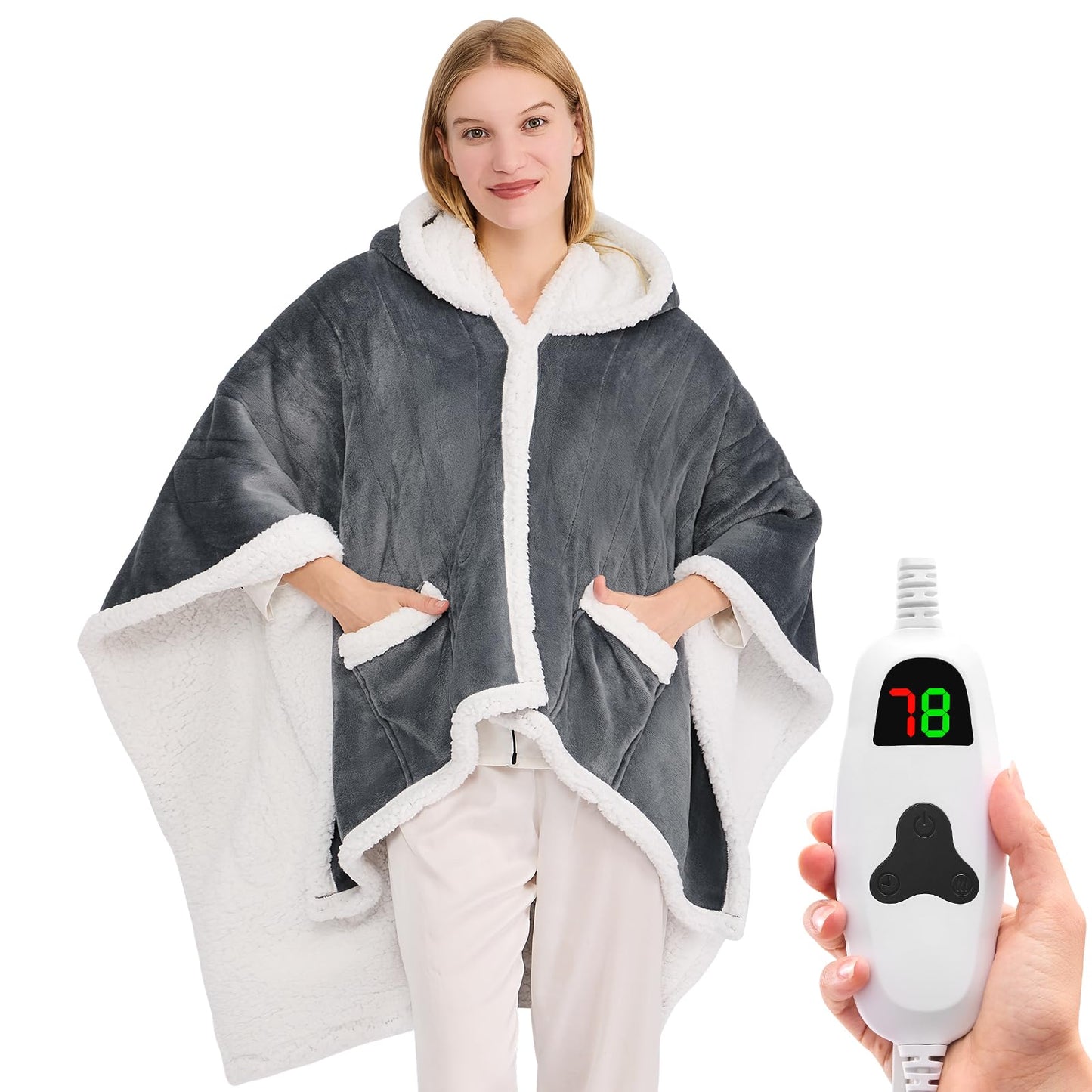 Wearable Heated Blanket Electric Snuggle - Heated Blanket with Foot Pocket and Sleeves for Adult, Winter Christmas Gifts for Mom Women 5-Position Timer 10-Heating Levels,50 * 70",Grey