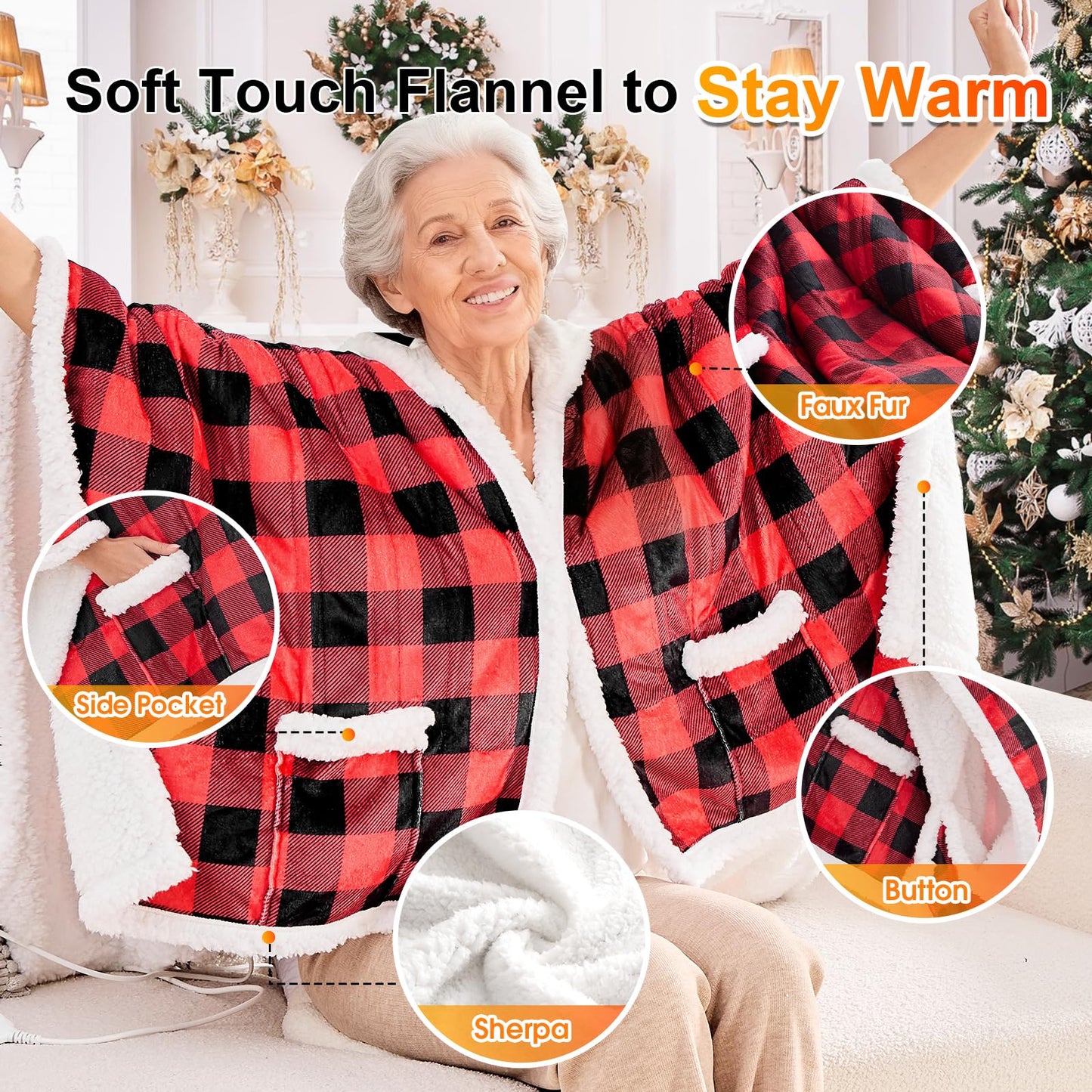 Wearable Heated Blanket Electric Snuggle - Heated Blanket with Foot Pocket and Sleeves for Adult, Winter Christmas Gifts for Mom Women 5-Position Timer 10-Heating Levels,50 * 70",Grey
