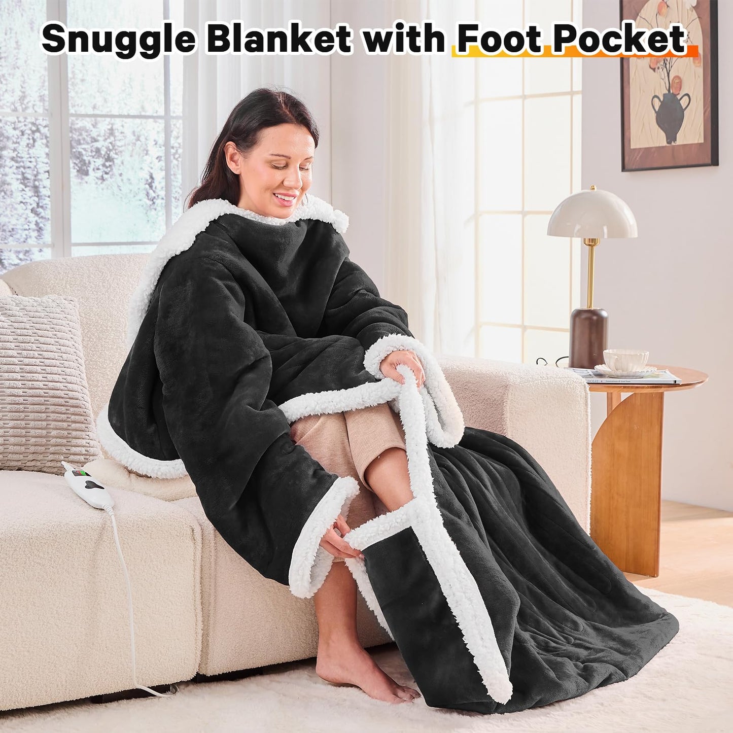 Wearable Heated Blanket Electric Snuggle - Heated Blanket with Foot Pocket and Sleeves for Adult, Winter Christmas Gifts for Mom Women 5-Position Timer 10-Heating Levels,50 * 70",Grey