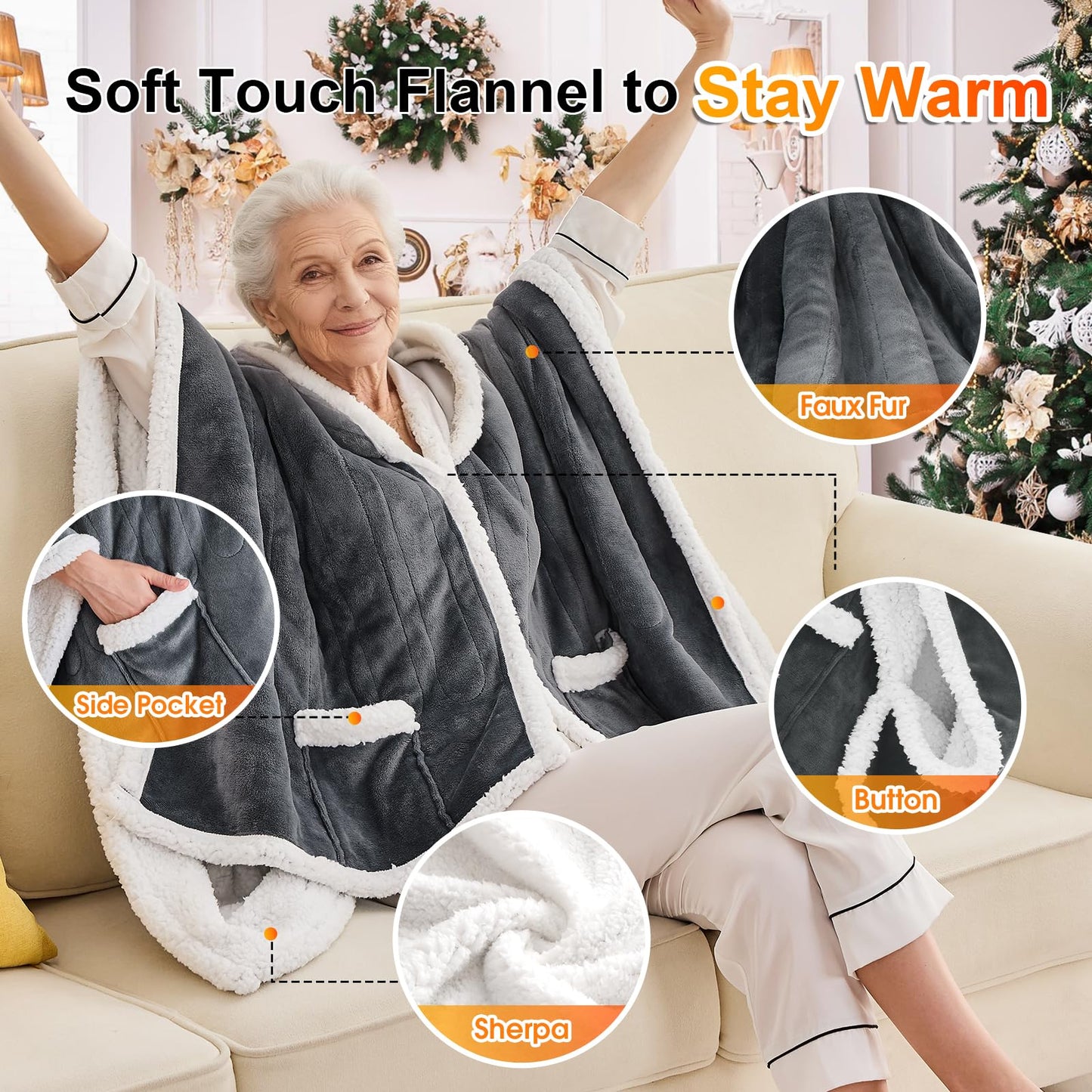 Wearable Heated Blanket Electric Snuggle - Heated Blanket with Foot Pocket and Sleeves for Adult, Winter Christmas Gifts for Mom Women 5-Position Timer 10-Heating Levels,50 * 70",Grey