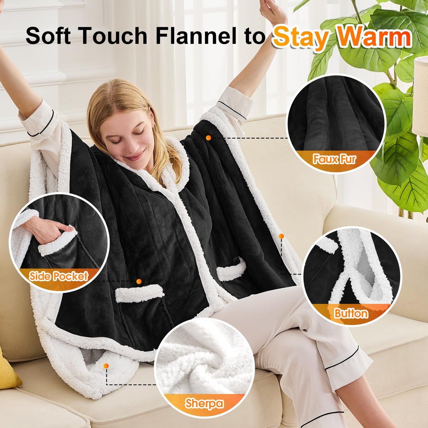 Wearable Heated Blanket Electric Snuggle - Heated Blanket with Foot Pocket and Sleeves for Adult, Winter Christmas Gifts for Mom Women 5-Position Timer 10-Heating Levels,50 * 70",Grey