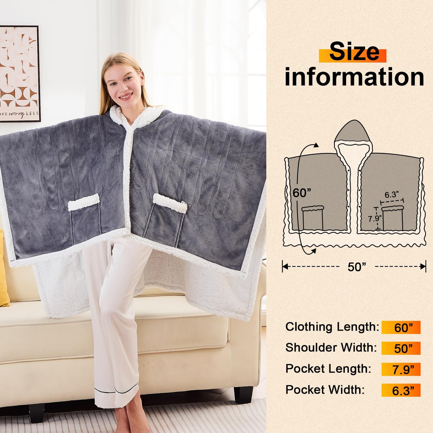 Wearable Heated Blanket Electric Snuggle - Heated Blanket with Foot Pocket and Sleeves for Adult, Winter Christmas Gifts for Mom Women 5-Position Timer 10-Heating Levels,50 * 70",Grey