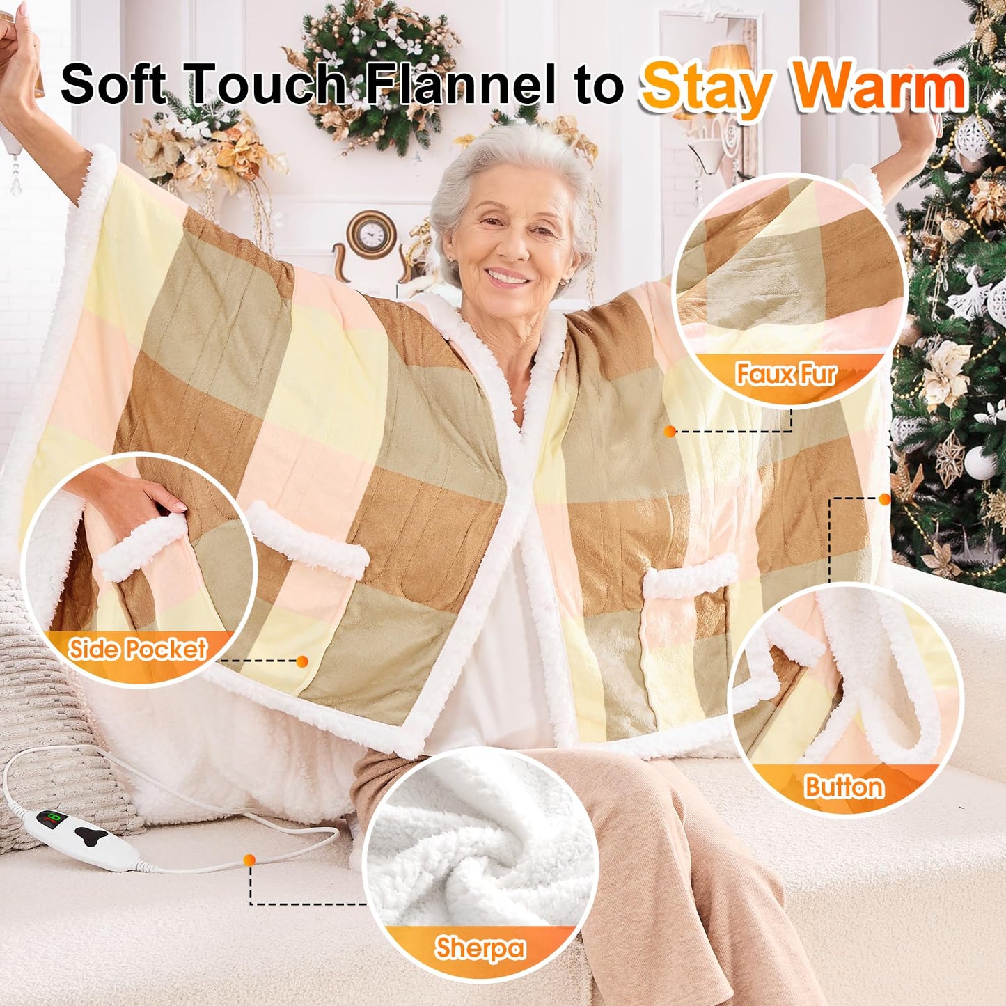 Wearable Heated Blanket Electric Snuggle - Heated Blanket with Foot Pocket and Sleeves for Adult, Winter Christmas Gifts for Mom Women 5-Position Timer 10-Heating Levels,50 * 70",Grey