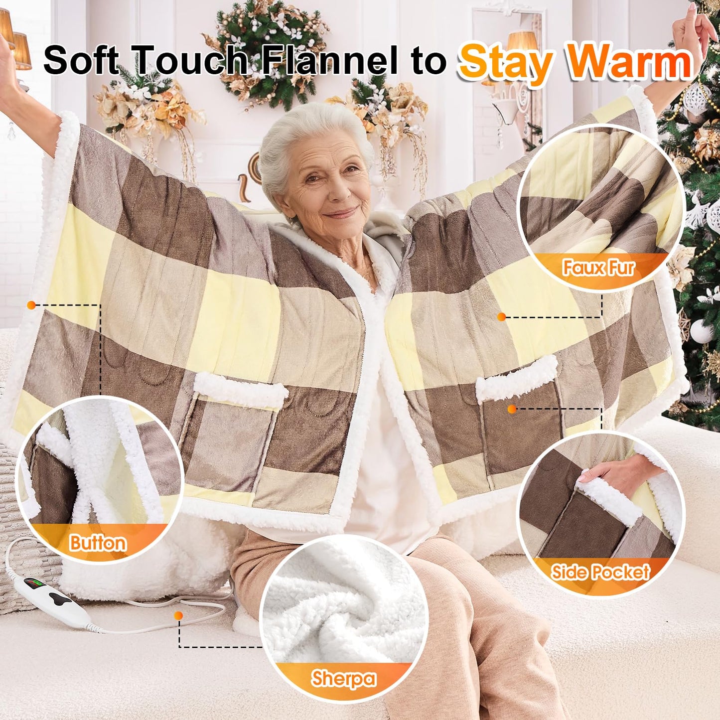 Wearable Heated Blanket Electric Snuggle - Heated Blanket with Foot Pocket and Sleeves for Adult, Winter Christmas Gifts for Mom Women 5-Position Timer 10-Heating Levels,50 * 70",Grey