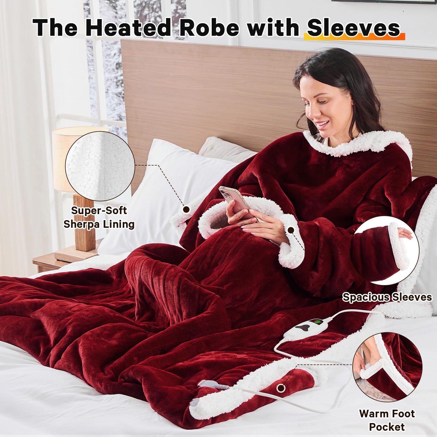 Wearable Heated Blanket Electric Snuggle - Heated Blanket with Foot Pocket and Sleeves for Adult, Winter Christmas Gifts for Mom Women 5-Position Timer 10-Heating Levels,50 * 70",Grey