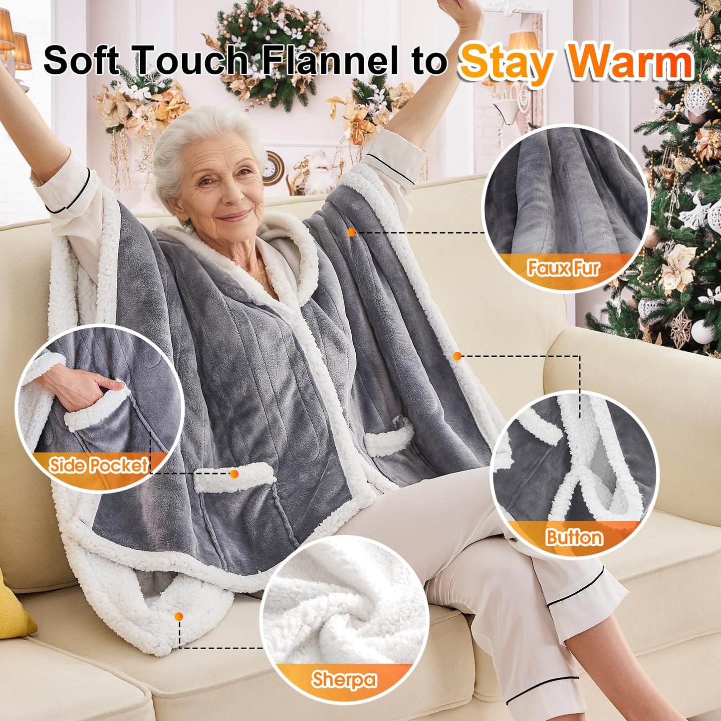 Wearable Heated Blanket Electric Snuggle - Heated Blanket with Foot Pocket and Sleeves for Adult, Winter Christmas Gifts for Mom Women 5-Position Timer 10-Heating Levels,50 * 70",Grey