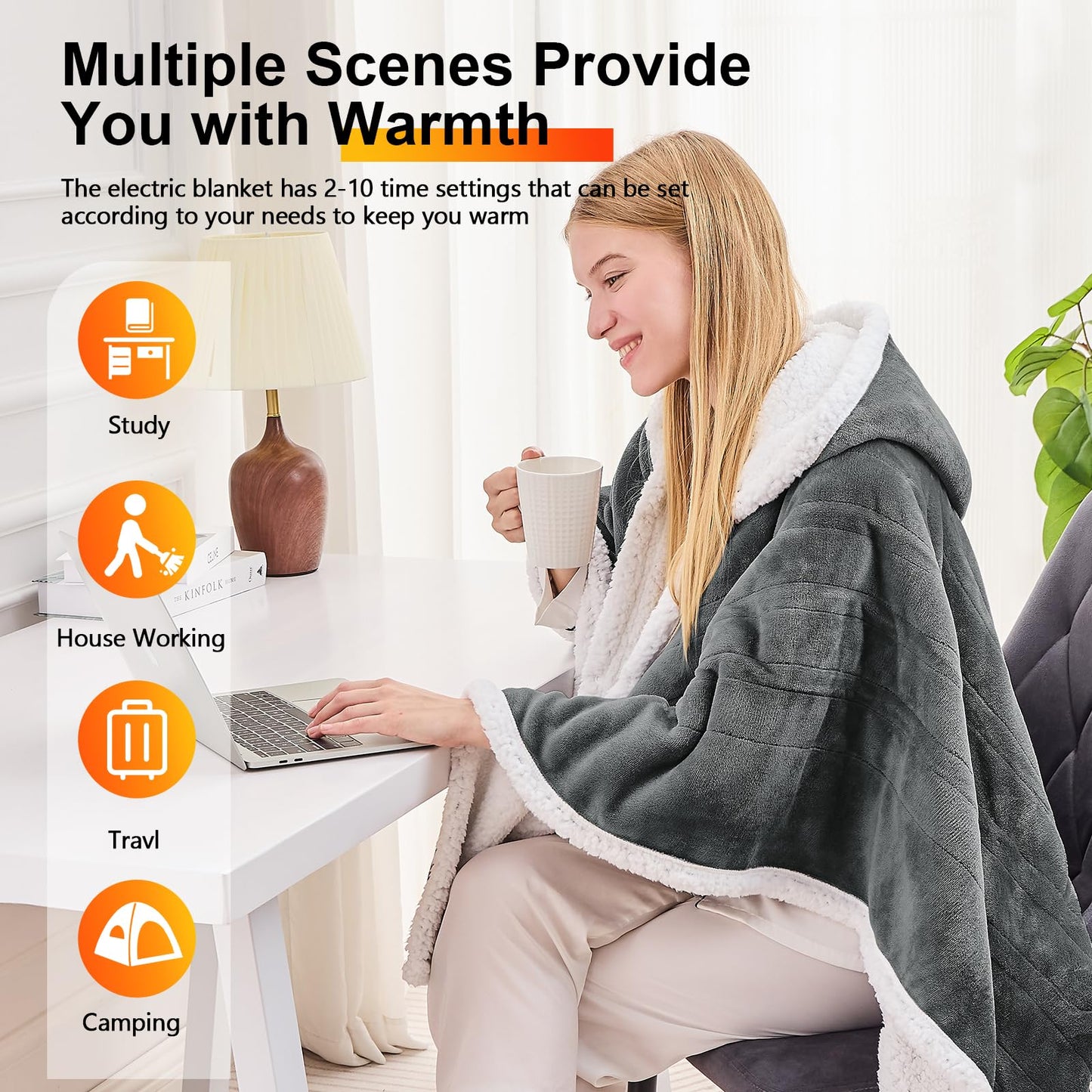 Wearable Heated Blanket Electric Snuggle - Heated Blanket with Foot Pocket and Sleeves for Adult, Winter Christmas Gifts for Mom Women 5-Position Timer 10-Heating Levels,50 * 70",Grey