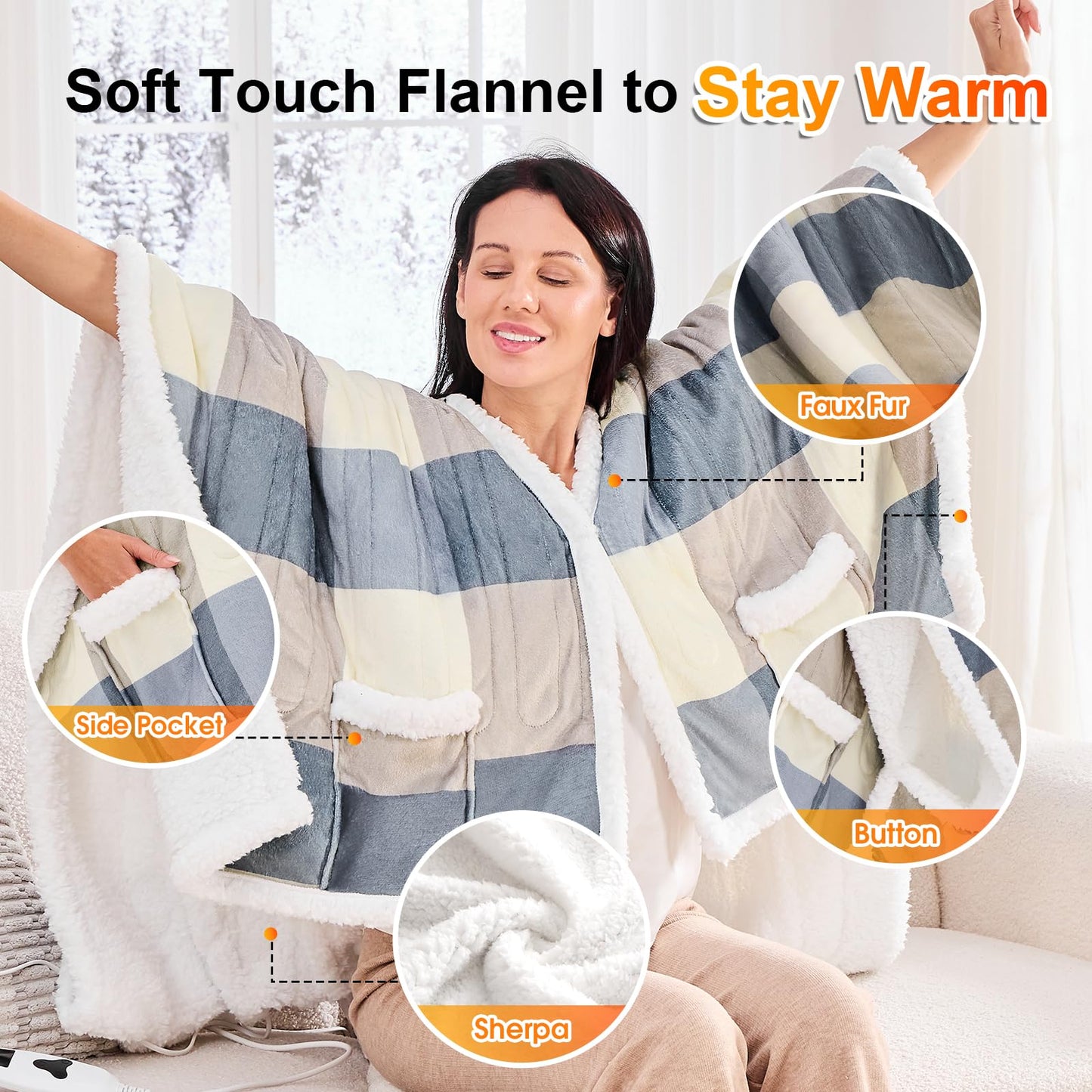 Wearable Heated Blanket Electric Snuggle - Heated Blanket with Foot Pocket and Sleeves for Adult, Winter Christmas Gifts for Mom Women 5-Position Timer 10-Heating Levels,50 * 70",Grey