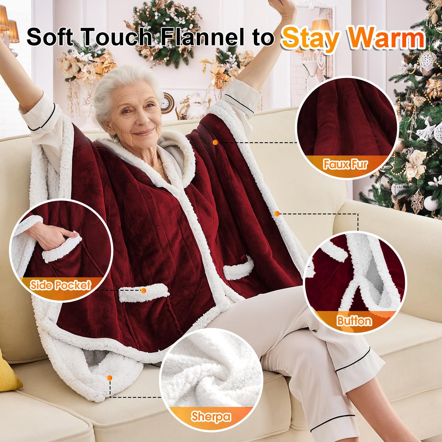 Wearable Heated Blanket Electric Snuggle - Heated Blanket with Foot Pocket and Sleeves for Adult, Winter Christmas Gifts for Mom Women 5-Position Timer 10-Heating Levels,50 * 70",Grey