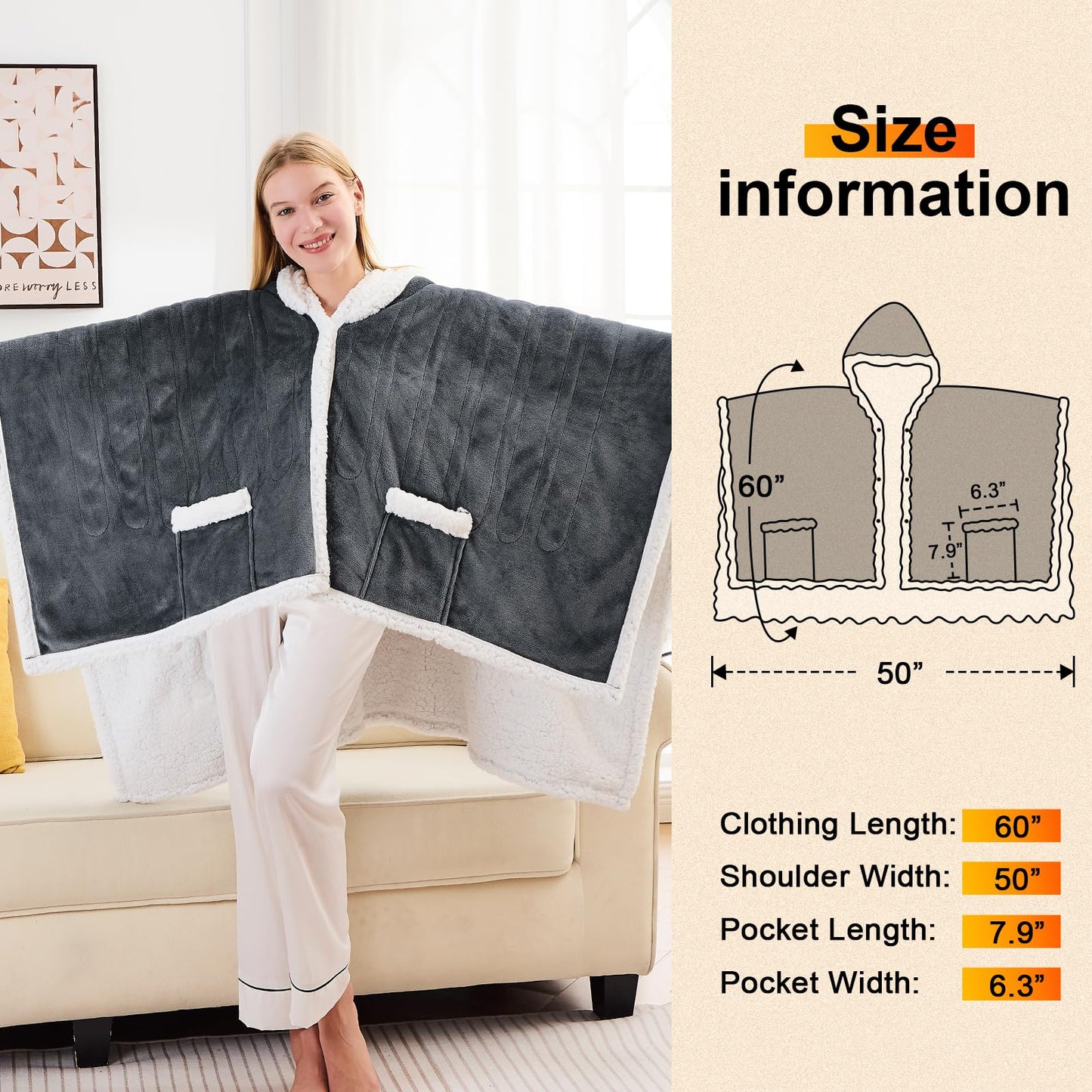 Wearable Heated Blanket Electric Snuggle - Heated Blanket with Foot Pocket and Sleeves for Adult, Winter Christmas Gifts for Mom Women 5-Position Timer 10-Heating Levels,50 * 70",Grey